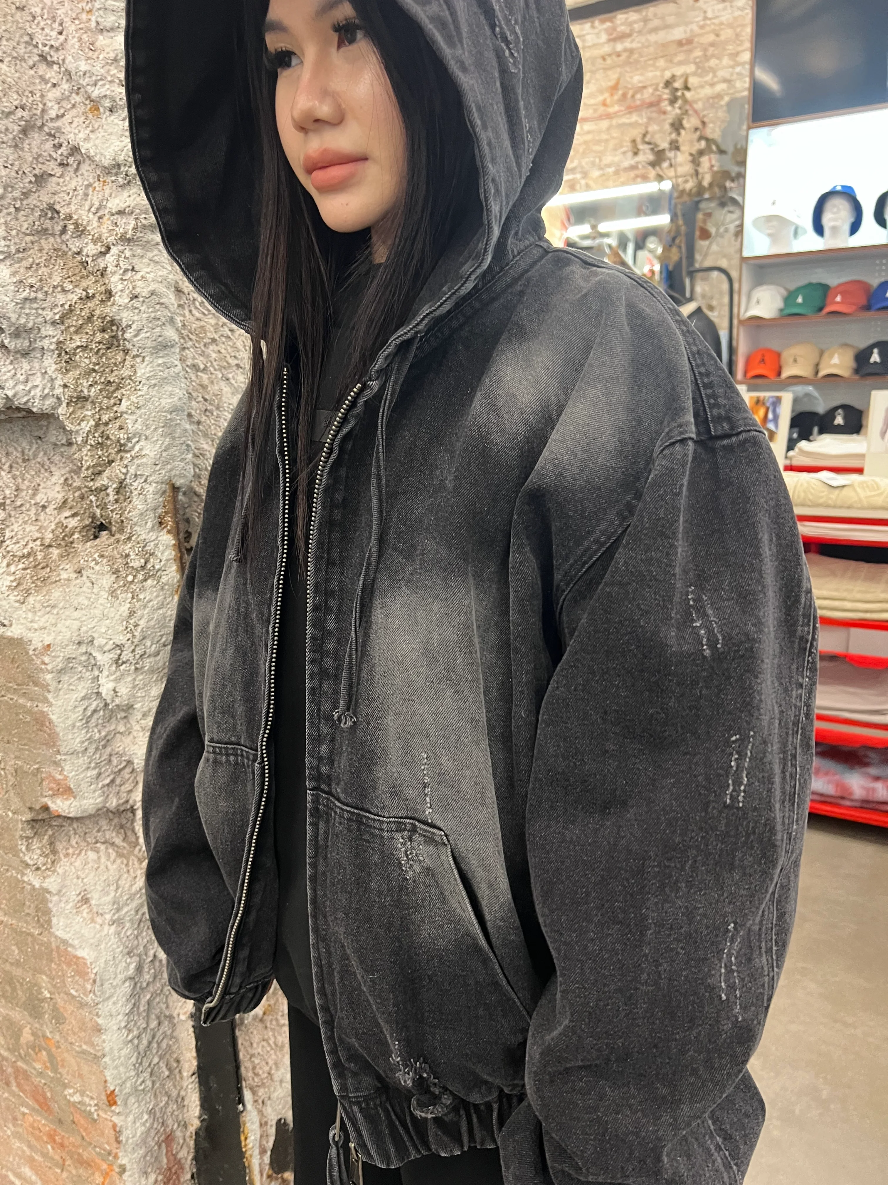 70285 DRAWING WASHED DENIM HOODED JACKET