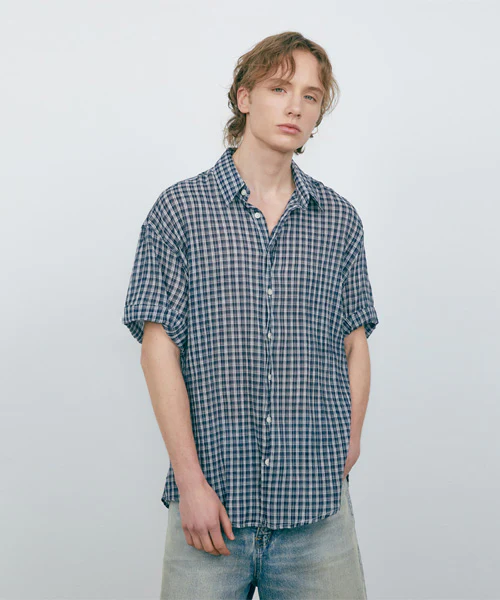 BOXY OVERFIT CHECK ROLLUP HALF SHIRT - Image 2