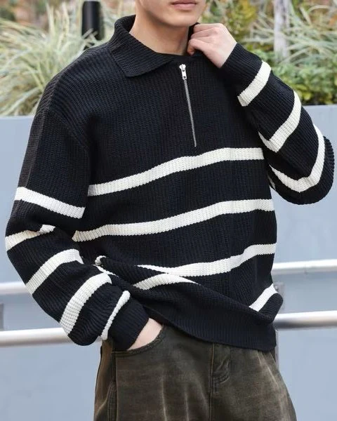 MEN'S HALF ZIP-UP STRIPE SWEATER